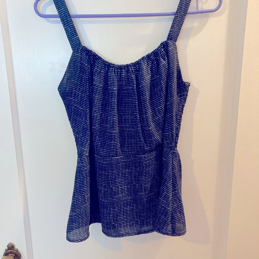 cabi navy polka dot peplum tank and cropped pants set